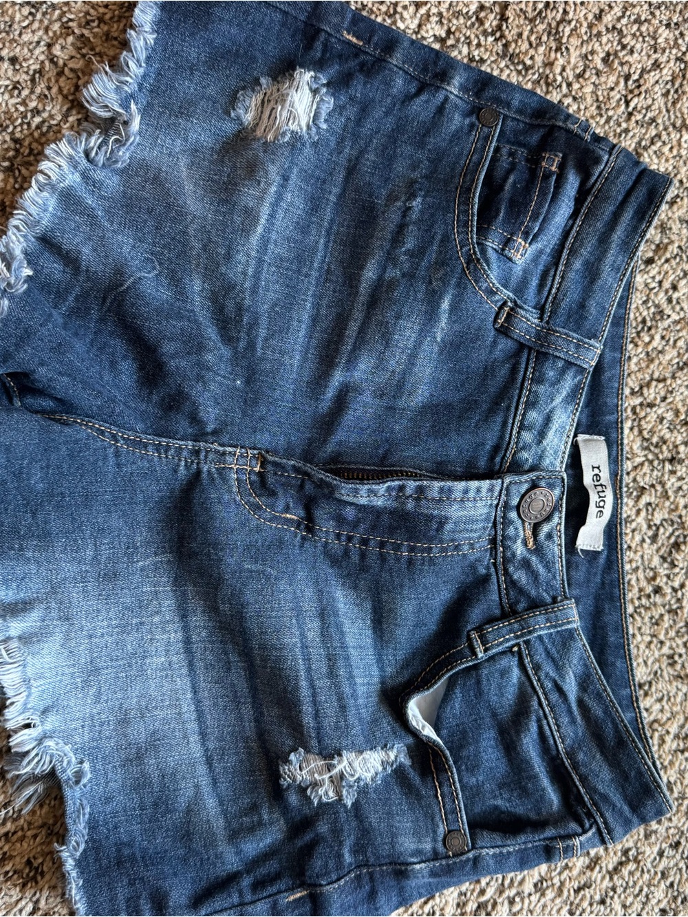 refuge Distressed Dark Blue High-Rise Denim Shorts